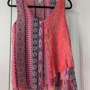 ONE WORLD Pink and Black Asymmetrical Tiered Tank Top